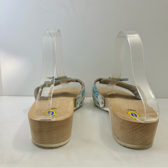 Dr Scholl’s Vintage Blue & White Hawaiian Hibiscus Silver Buckle Sandal Size 10 - Picture 4 of 14
